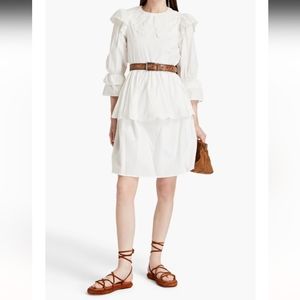 Meadows Mandrake Tiered Cotton Dress Size 8 White Embroidered Peter Pan Collar